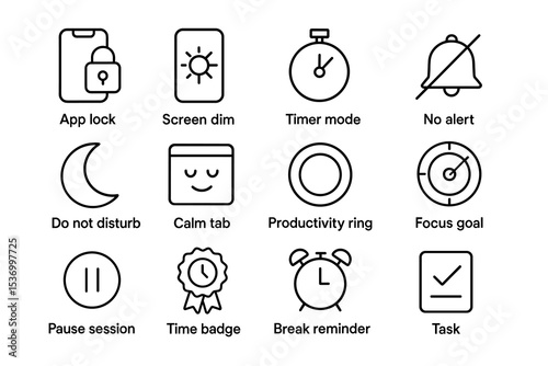 Minimalist icons for app lock, screen dim, timer, and productivity tools