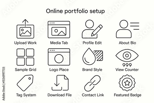 Icons for online portfolio setup including profile edit and media tab