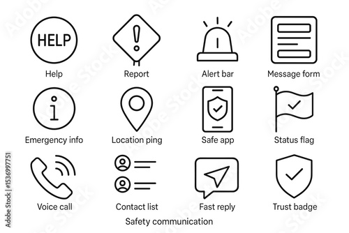 Safety communication icons: help, alert, message, location, trust features
