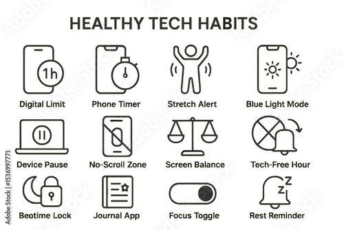 Icons for developing healthy tech habits in daily life