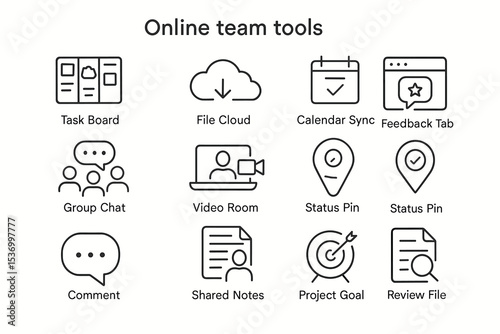 Icons representing online team collaboration tools and features