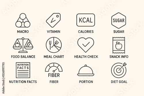 Nutritional icons set with symbols for diet and health management