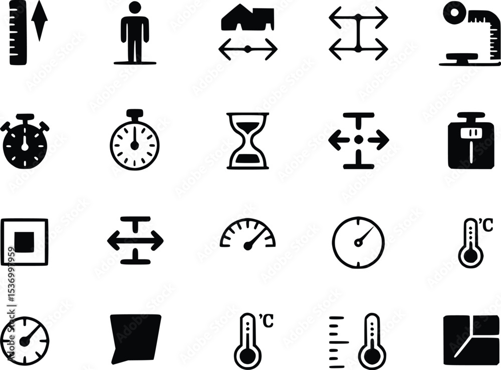 Fototapeta premium Measuring Tool Icons Weight Scale Symbols Instruments Ruler Thermometer Stopwatch Vectors
