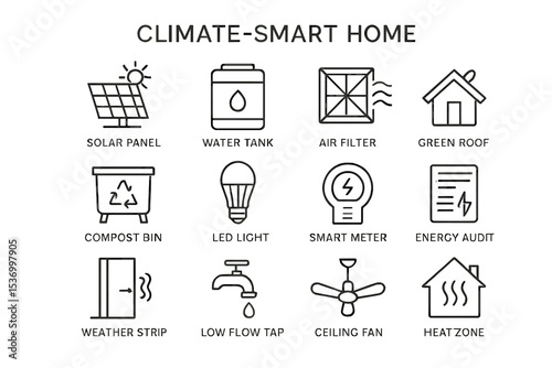 Climate-smart home icons: solar, water, air filter, green roof, compost