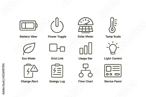 Energy management icons on metallic background with battery, solar, and light controls
