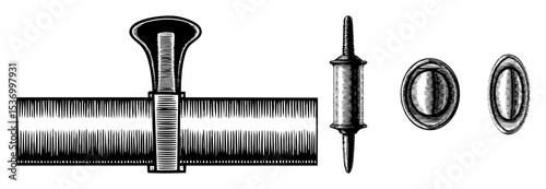 Vector Detailed of a zipper mechanism with component parts.