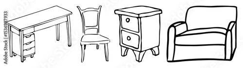 Vector Vintage furniture collection including desk chair chest and armchair.