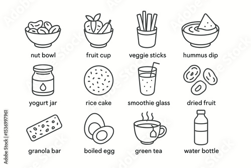 Healthy snack icons: nut bowl, fruit cup, veggie sticks, hummus, yogurt, rice cake, smoothie, dried fruit
