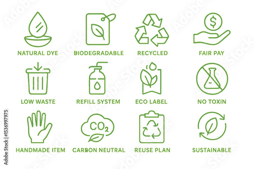 Sustainable eco-friendly product icons: recycled, biodegradable, low waste, carbon neutral