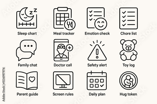 Icon set for family management: sleep chart, meal tracker, emotion check, chore list, safety alert, more