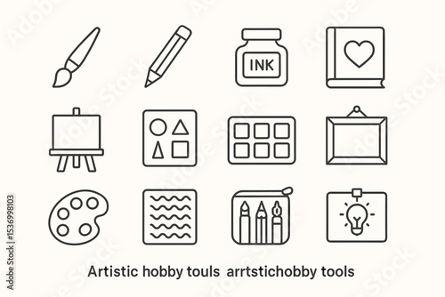 Artistic hobby tools collection with brushes, canvas, and palette icons