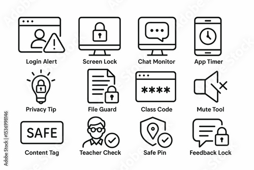 Security and privacy icons: login alert, screen lock, chat monitor, app timer