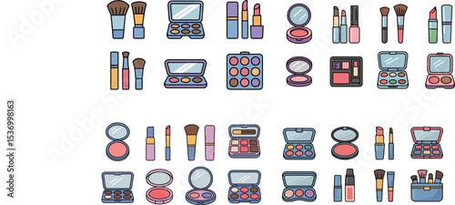 Assorted Makeup Products and Tools, Cosmetics Beauty, brushes lipstick, eyeshadow palette foundation icons