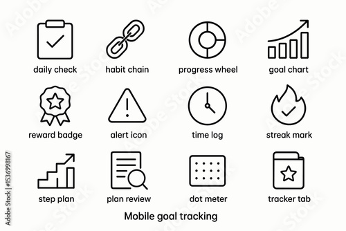 Mobile goal tracking icons: habit chain, progress wheel, goal chart, reward badge