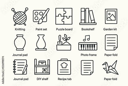 Assorted hobbies and home activities icons: knitting, painting, puzzles, and more