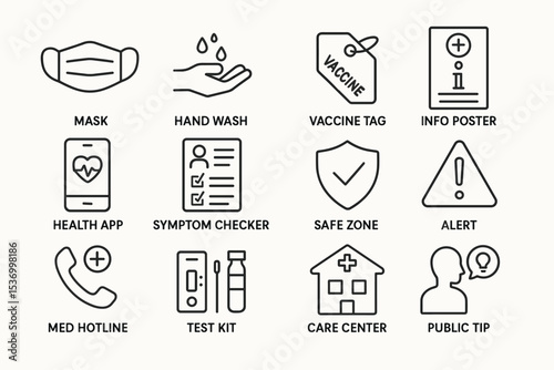 Health and safety icons: mask, hand wash, vaccine tag, alert sign, care center, public tip
