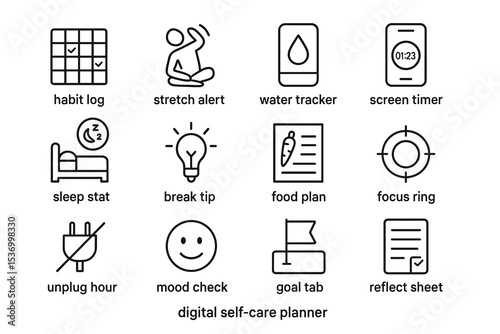 Digital self-care planner icons: habit, stretch, water, screen, sleep, break, food, focus, unplug, mood, goal, reflect