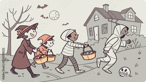 Kids in halloween costumes trick or treating at night