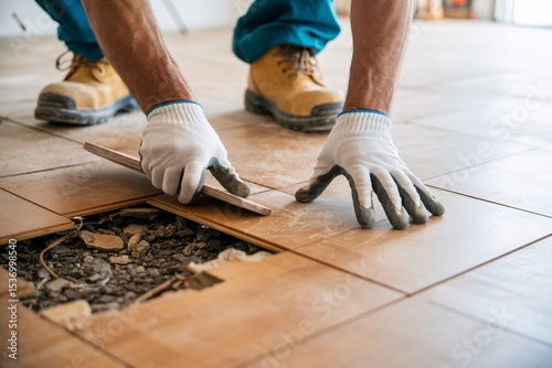 Skilled Worker Installing New Tiles Floor Repair Home Improvement Construction Worker