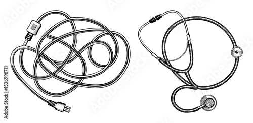 Vector Detailed illustrations of a tangled and a stethoscope depict medical and technological themes.