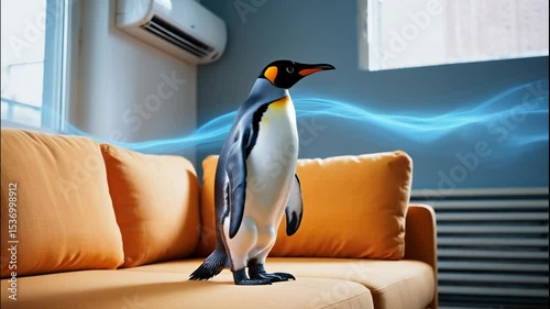 An Emperor Penguin stands upright on a light orange couch in a stylish modern room. A wall-mounted white air conditioner blows cool blue waves, creating a humorous and surreal indoor scene.