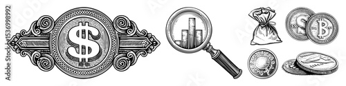Vector Vintage financial emblems showcase currency investigation and wealth.