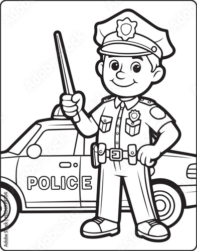 Police officer with uniform and doing his duty vector outline coloring page for kids