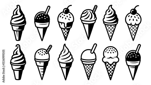 A Black and White Illustration of Fifteen Delicious Ice Cream Cones