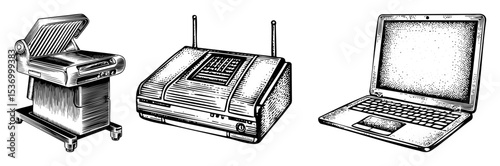 Vector Vintage electronics including a television radio and laptop are illustrated in a style.