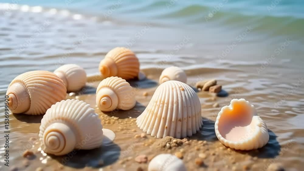 Seashells scattered on the sandy beach near the ocean waves on a sunny day at the coast line