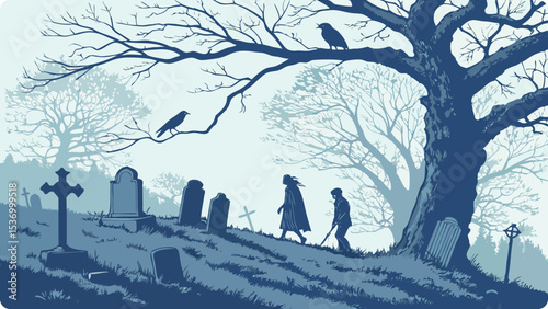 Two children walk through a misty cemetery among bare trees and tombstones