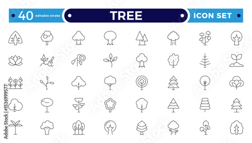 Tree Outline icon collection. Includes thin line symbols nature, basil, tree, ecology, plant, eco and more. Isolated icons. Leaf icon set. Editable stroke outline icon.
