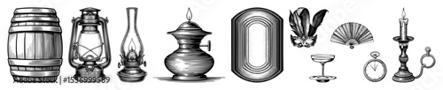 Vector Vintage collection of ornate objects including a barrel lantern vase and decorative accessories.