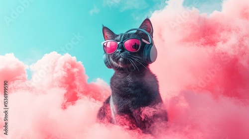 Cool black cat with pink sunglasses & headphones floats among pink clouds against a blue sky