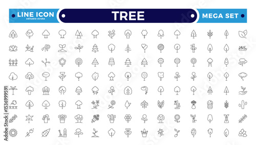 Tree Outline icon collection. Includes thin line symbols nature, basil, tree, ecology, plant, eco and more. Isolated icons. Leaf icon set. Editable stroke outline icon.
