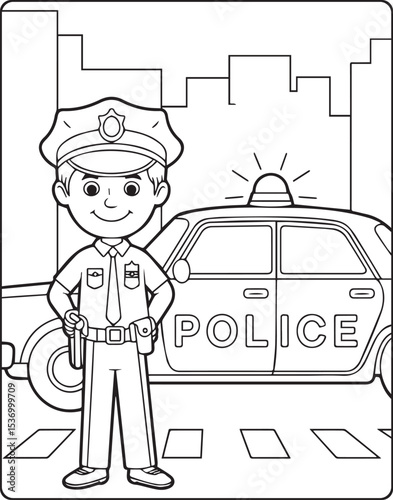 Cute police officer with uniform and car on road vector outline coloring page for kids