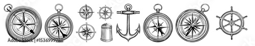 Vector Vintage nautical elements including compasses anchor and ship wheel illustrations.