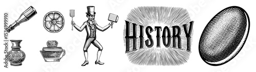 Vector Vintage illustrations showcase a dapper gentleman historical typography and assorted decorative objects.