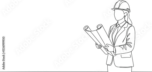 Female architect with blueprint, construction helmet, professional woman illustration, engineer drawing concept, business suit figure, building planner, line art sketch, workplace design image