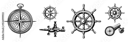 Vector Vintage nautical instruments including a compass ship wheels and a telescope are illustrated in a detailed engraving style.