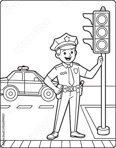 Police officer with uniform and duty at traffic signal vector outline coloring page for kids