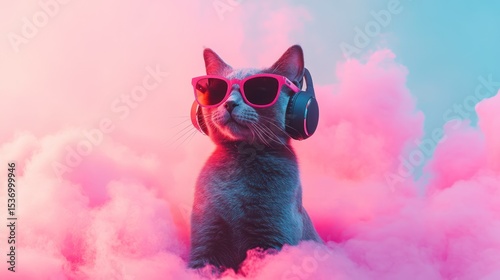 Gray cat with sunglasses and headphones posing in pink clouds against a blue background