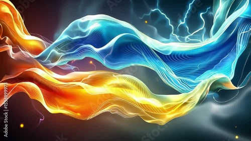 Vibrant energy waves intertwining with lightning and sparks in dynamic motion