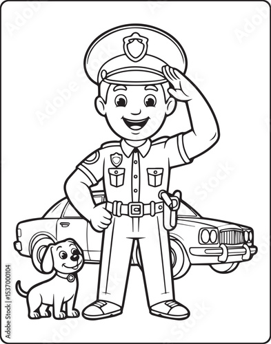 Police officer with uniform and showing salute with a dog vector outline coloring page for kids