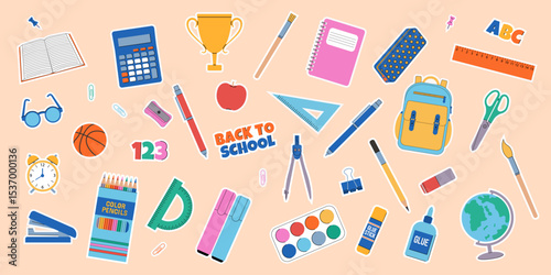 Back to school. School supplies sticker set. Vector illustration.