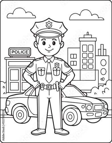 Police officer with uniform and doing duty at town vector outline coloring page for kids