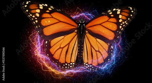 Butterfly framed by auras of red and blue light is set against a plain black background and fills the space.
