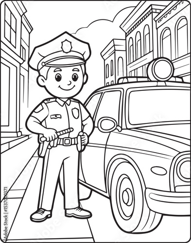 Police officer with uniform and doing duty at town vector outline coloring page for kids