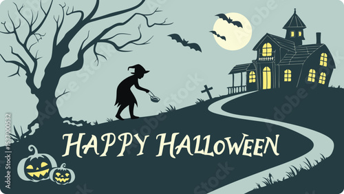 A witch carrying a basket walks toward a spooky house on a halloween night