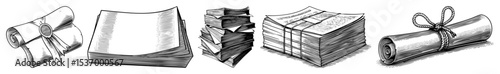 Vector Five stacked and rolled paper illustrations showcase document presentation styles.